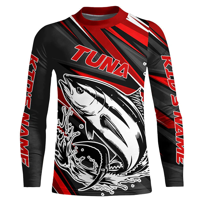 Kid Black And Red Tuna Fishing Jerseys, Custom Tuna Kid Long Sleeve Performance Fishing Shirts IPHW6898