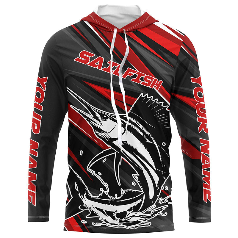 Black And Red Sailfish Fishing Jerseys, Custom Sailfish Long Sleeve Performance Fishing Shirts IPHW6899