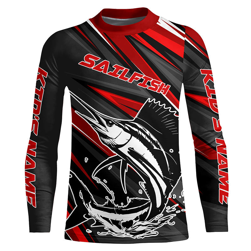 Black And Red Sailfish Fishing Jerseys, Custom Sailfish Long Sleeve Performance Fishing Shirts IPHW6899