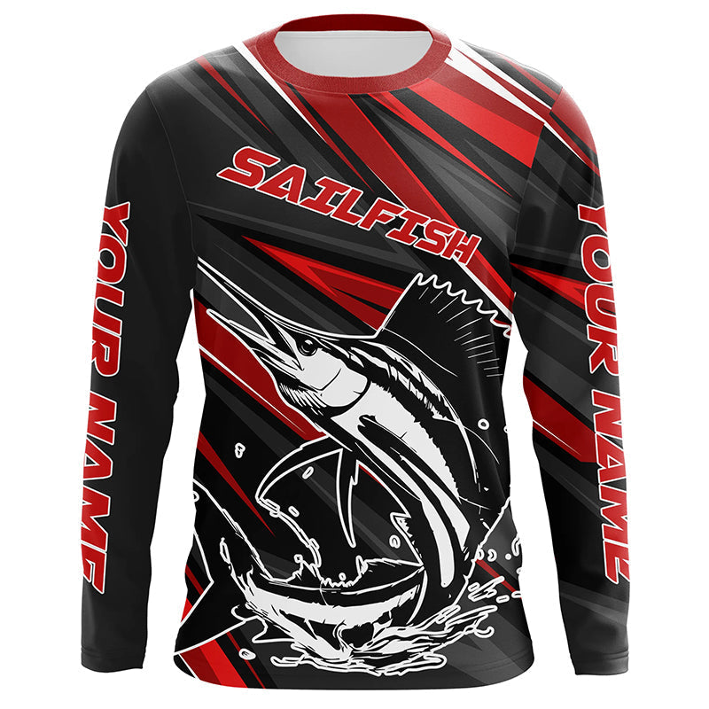 Black And Red Sailfish Fishing Jerseys, Custom Sailfish Long Sleeve Performance Fishing Shirts IPHW6899