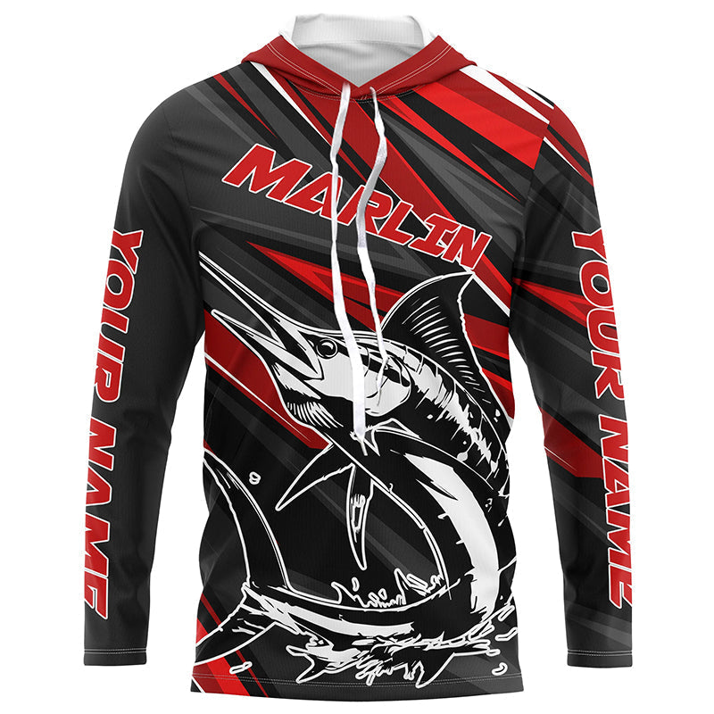 Black And Red Marlin Fishing Jerseys, Custom Marlin Long Sleeve Performance Fishing Shirts IPHW6900