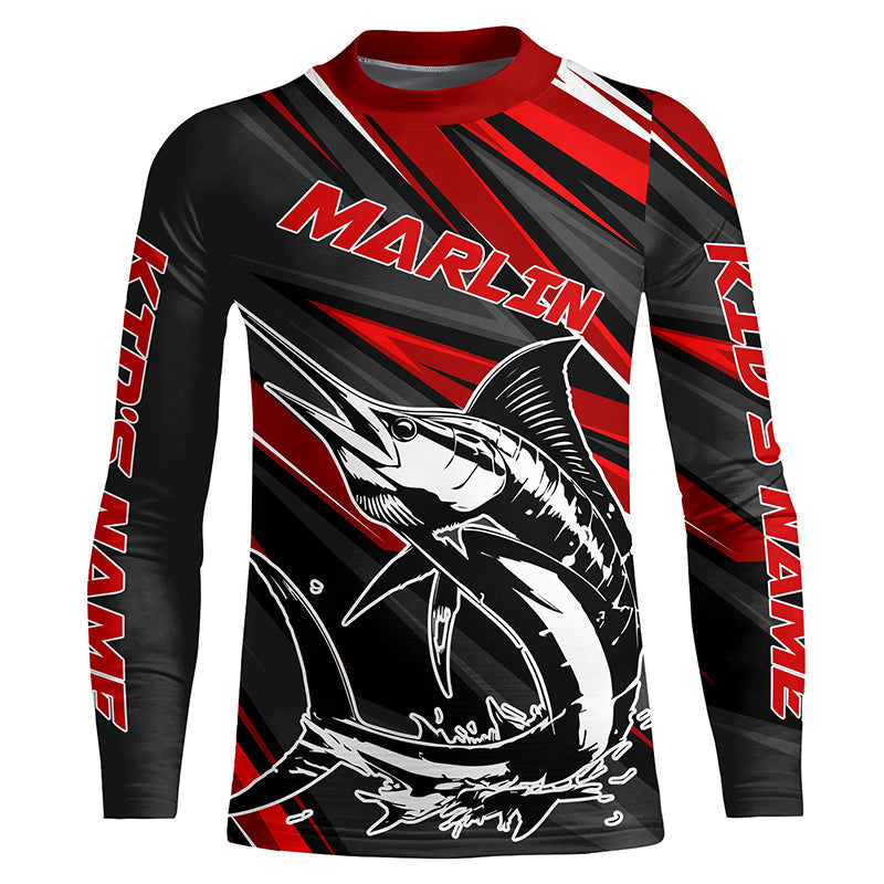 Black And Red Marlin Fishing Jerseys, Custom Marlin Long Sleeve Performance Fishing Shirts IPHW6900