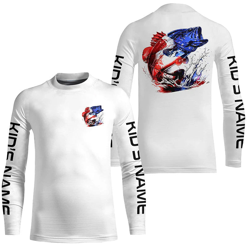 Custom Patriotic American Flag Bass Fishing Kid Shirts, Bass Fishing Tournament Jerseys IPHW6901