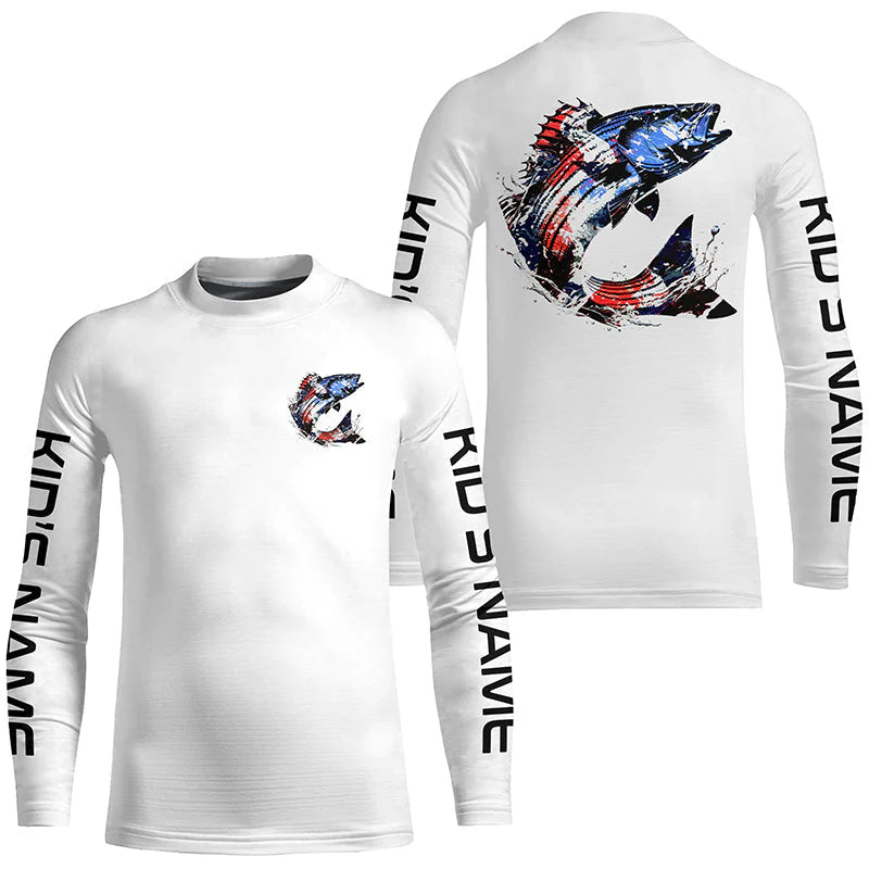 Kid Custom Patriotic American Flag Striped Bass Fishing Shirts, Striper Fishing Tournament Jerseys IPHW6903