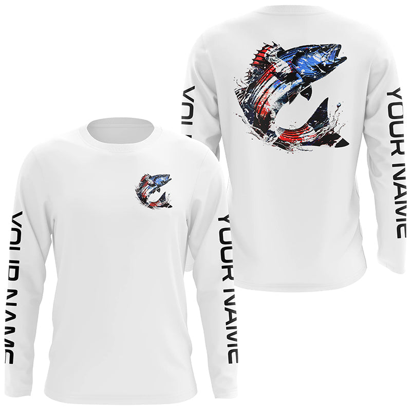 Custom Patriotic American Flag Striped Bass Fishing Shirts, Striper Fishing Tournament Jerseys IPHW6903