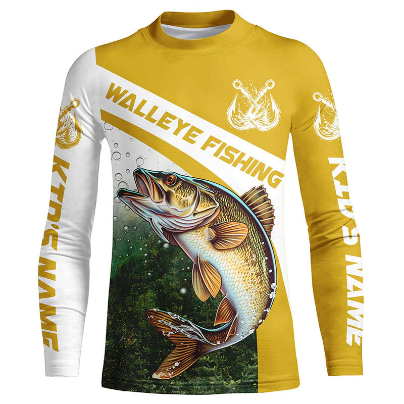 Youth Walleye Fishing Custom Long Sleeve Kid Fishing Shirts, Walleye Tournament Fishing Jerseys | Yellow IPHW5743