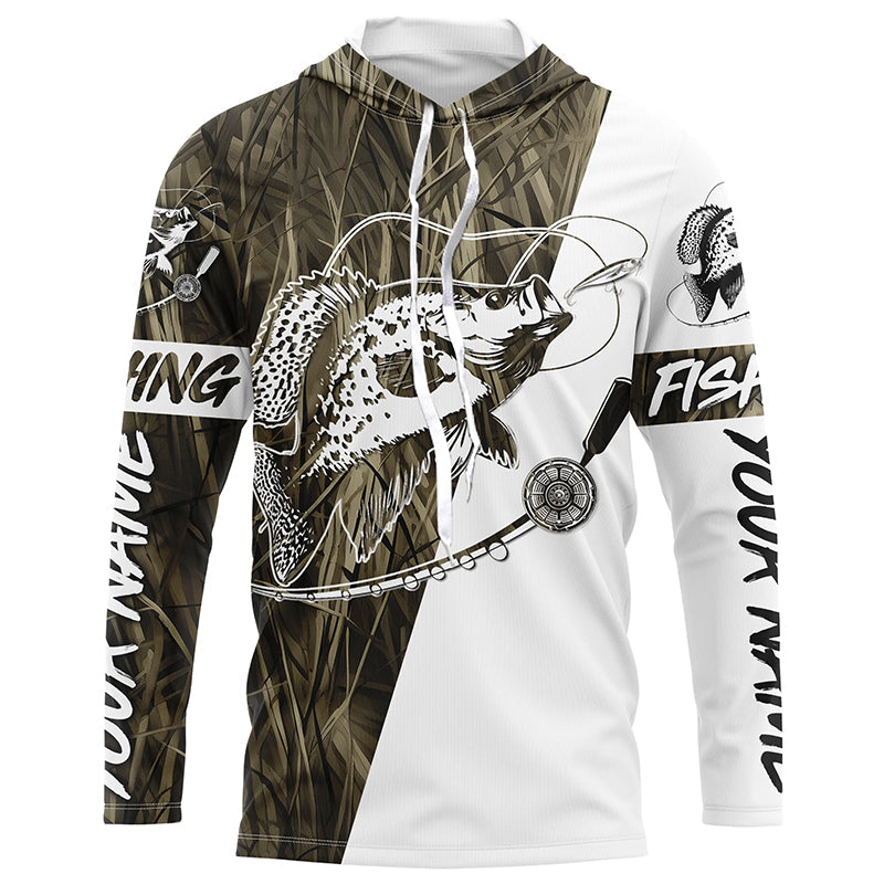 Custom Crappie Fishing Tattoo Long Sleeve Shirts, Grass Camo Crappie Fishing Jerseys IPHW6343