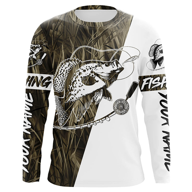 Custom Crappie Fishing Tattoo Long Sleeve Shirts, Grass Camo Crappie Fishing Jerseys IPHW6343