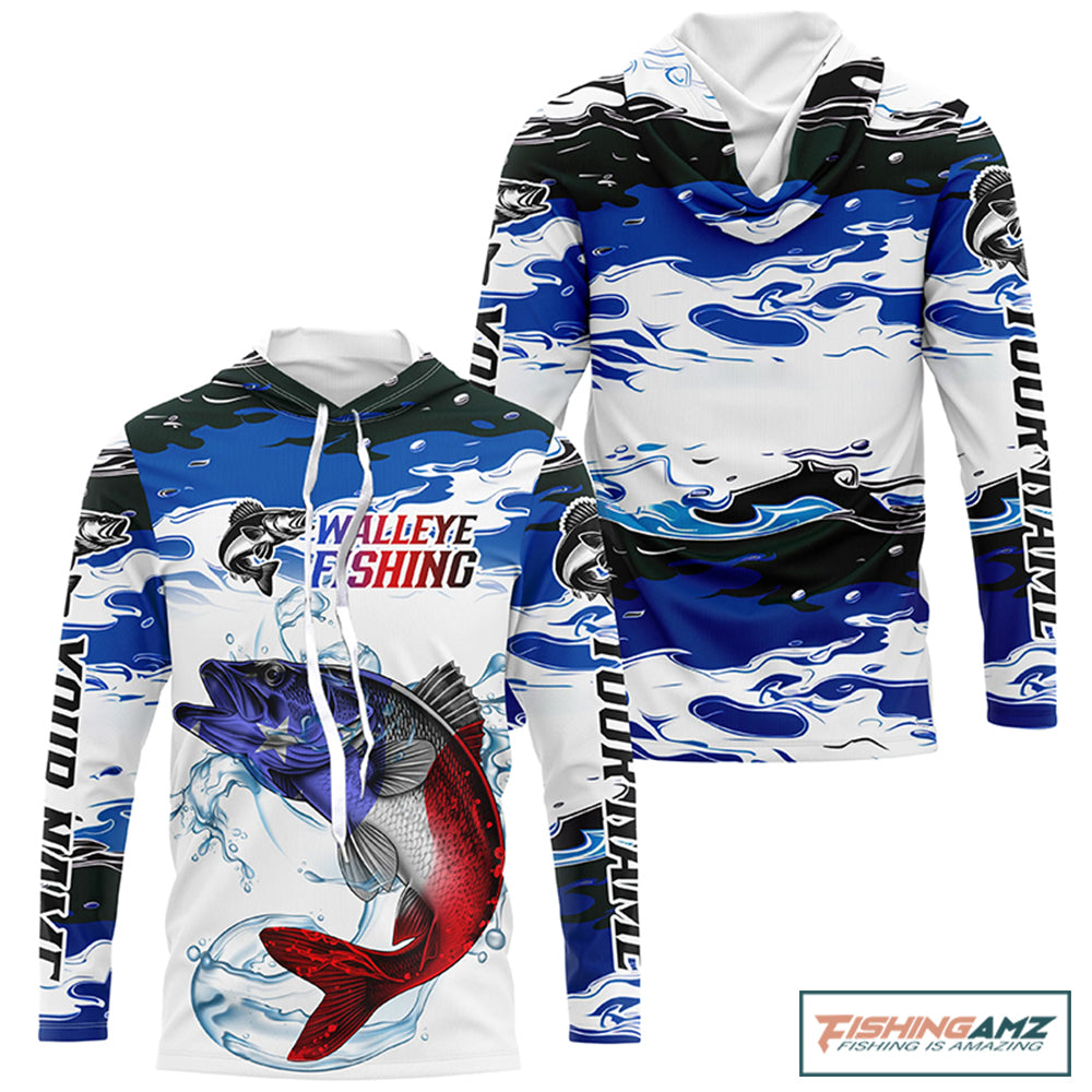 Custom Patriotic Walleye Fishing Camo Jerseys, American Flag Walleye Long Sleeve Fishing Shirts IPHW6050