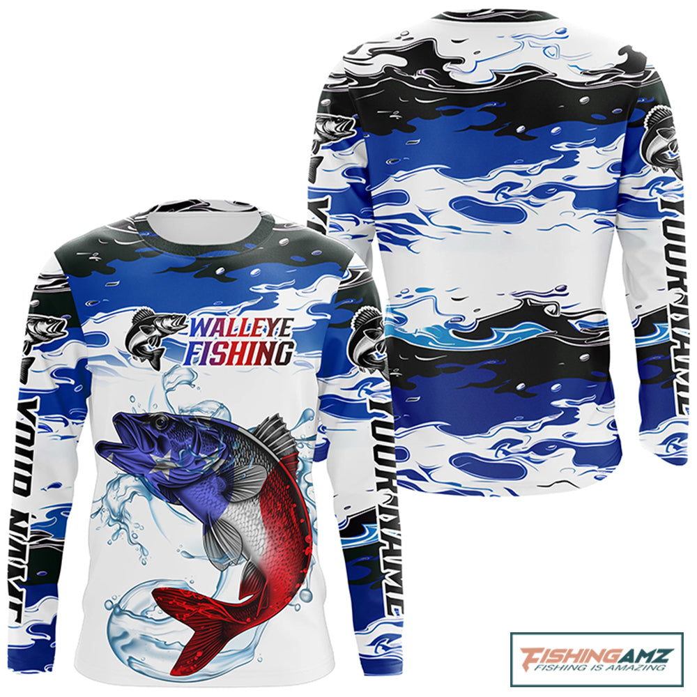 Custom Patriotic Walleye Fishing Camo Jerseys, American Flag Walleye Long Sleeve Fishing Shirts IPHW6050