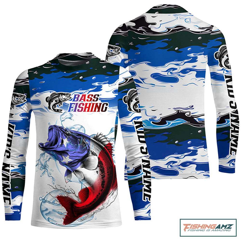 Custom Patriotic Bass Fishing Camo Jerseys, American Flag Bass Long Sleeve Fishing Shirts IPHW6051