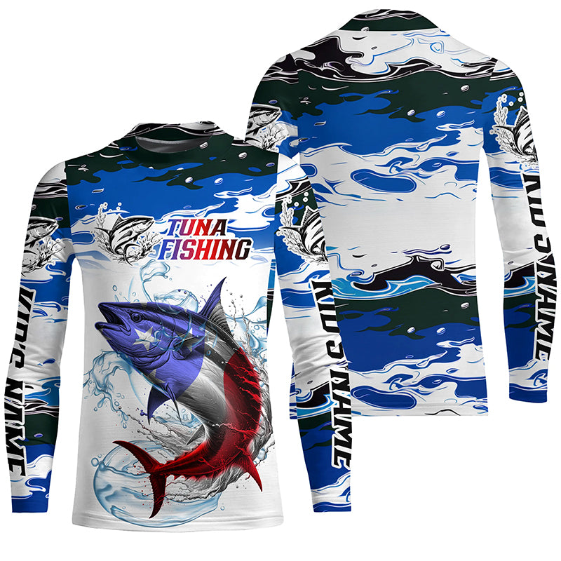 Custom Patriotic Tuna Fishing Camo Jerseys, American Flag Tuna Kid Long Sleeve Saltwater Fishing Shirts IPHW6052