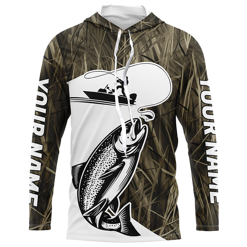 Custom Trout Fishing Camo Long Sleeve Fishing Shirts, Trout Tournament Fly Fishing Shirt IPHW7421