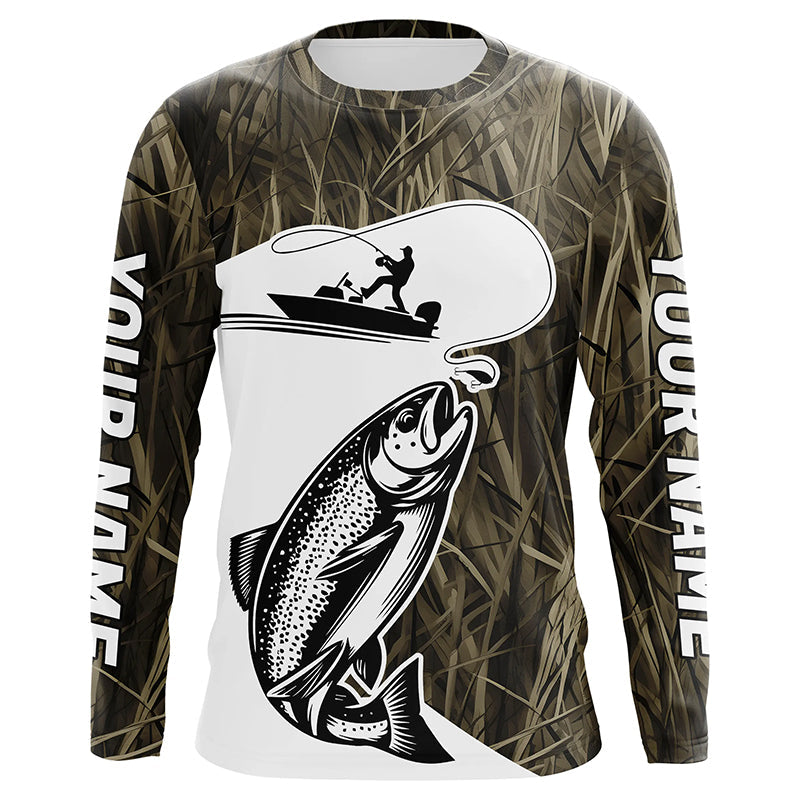 Custom Trout Fishing Camo Long Sleeve Fishing Shirts, Trout Tournament Fly Fishing Shirt IPHW7421