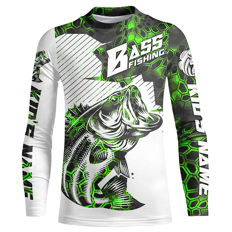 Personalized Bass Fishing Jerseys, Bass Fishing Kid Long Sleeve Fishing Tournament Shirts | Green Camo IPHW5750
