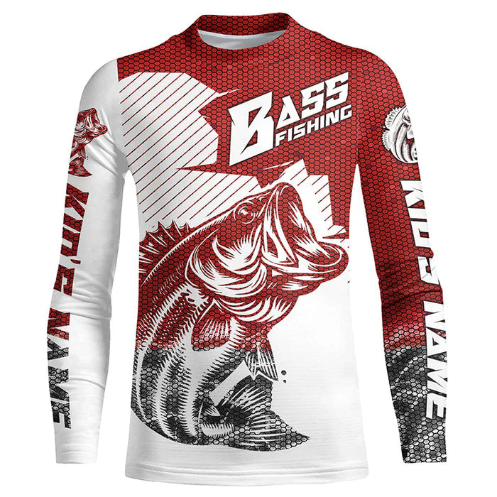 Personalized Bass Fishing Jerseys, Bass Fishing Kid Long Sleeve Fishing Tournament Shirts | Red Camo IPHW5753