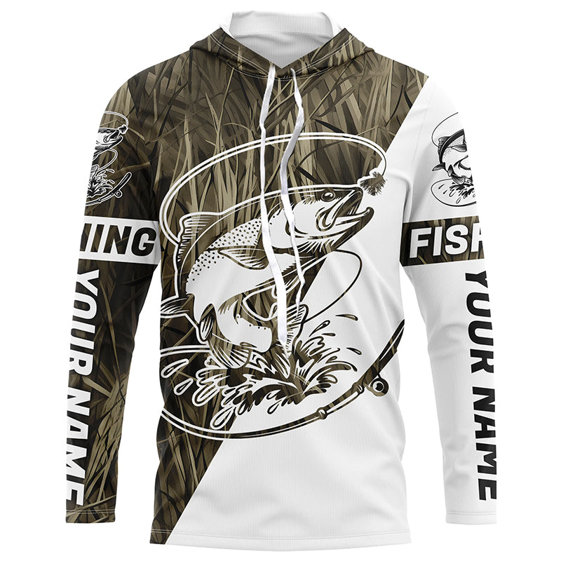 Trout Fishing Grass Camo Custom Long Sleeve Tournament Fishing Shirts, Trout Fly Fishing Shirt IPHW7439