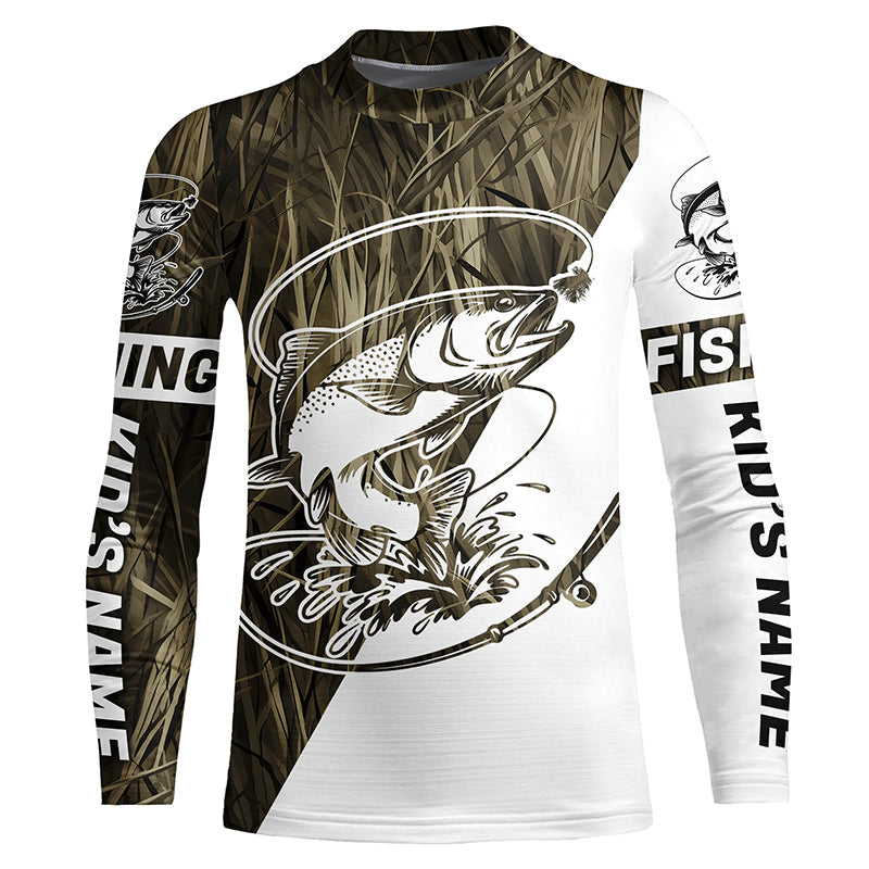 Trout Fishing Blue Camo Custom Long Sleeve Tournament Fishing Shirts, Trout Fly Fishing Shirt IPHW7440