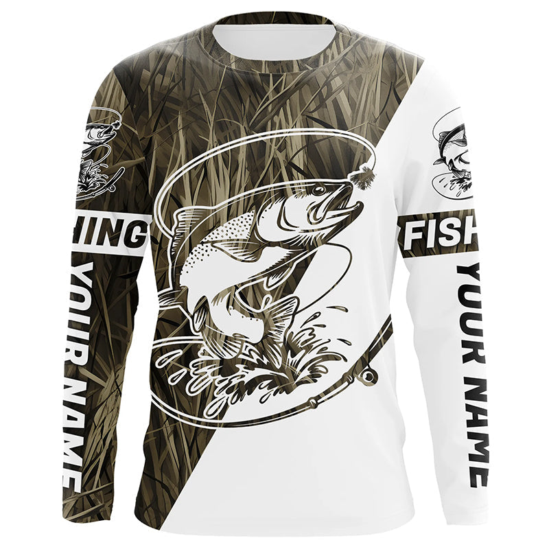 Trout Fishing Grass Camo Custom Long Sleeve Tournament Fishing Shirts, Trout Fly Fishing Shirt IPHW7439