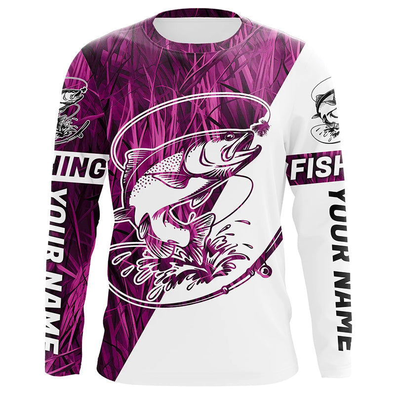 Trout Fishing Pink Camo Custom Long Sleeve Tournament Fishing Shirts, Trout Fly Fishing Shirt IPHW7441