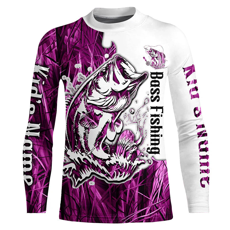 Custom Largemouth Bass Fishing Kid Long Sleeve Tournament Shirts, Bass Fishing League Shirt | Pink Camo IPHW6381