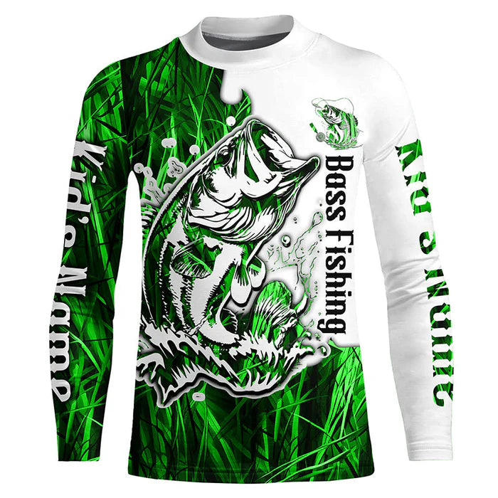 Youth Custom Largemouth Bass Fishing Long Sleeve Tournament Shirts, Bass Fishing League Shirt | Green Camo IPHW6382