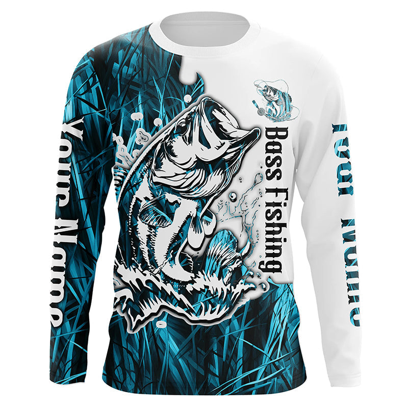 Custom Largemouth Bass Fishing Long Sleeve Tournament Shirts, Bass Fishing League Shirt | Blue Camo IPHW6383