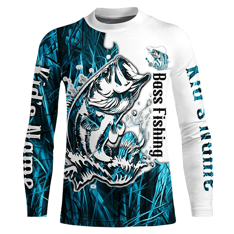 Kid Custom Largemouth Bass Fishing Long Sleeve Tournament Shirts, Bass Fishing League Shirt | Blue Camo IPHW6383