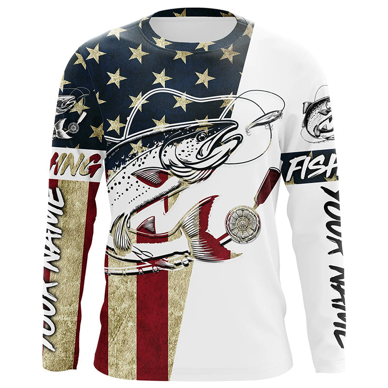 American Flag Custom Chinook Salmon Fishing Long Sleeve Shirts, Patriotic Salmon Fishing Jerseys IPHW6393