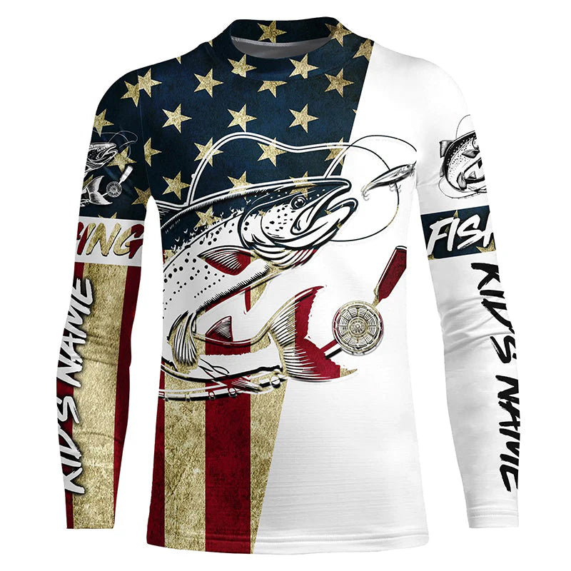 American Flag Custom Chinook Salmon Fishing Kid Long Sleeve Shirts, Patriotic Salmon Fishing Jerseys IPHW6393