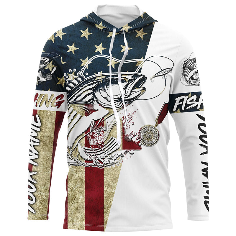 American Flag Custom Striped Bass Fishing Long Sleeve Shirts, Patriotic Stripper Fishing Jerseys IPHW6394