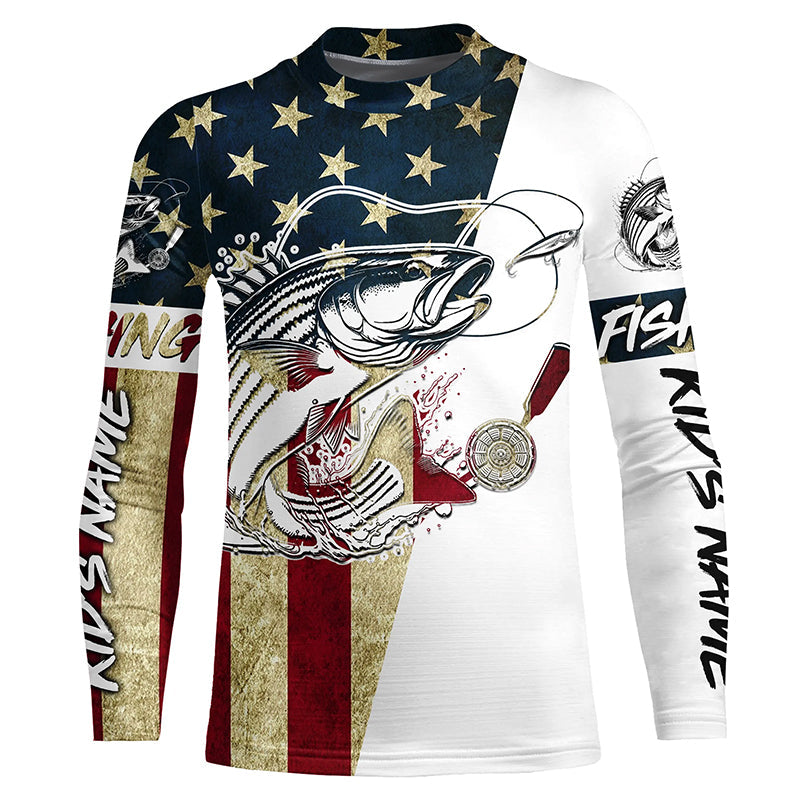 American Flag Custom Striped Bass Fishing Long Sleeve Shirts, Patriotic Stripper Fishing Jerseys IPHW6394