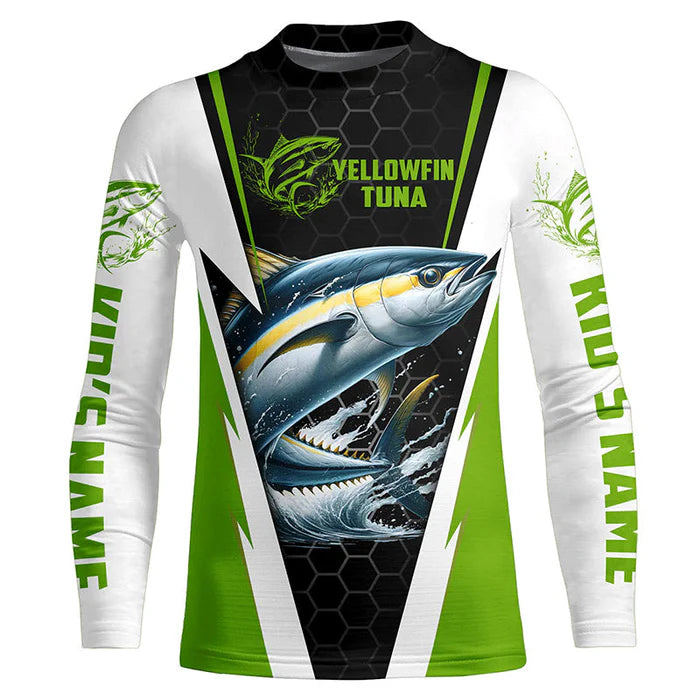 Custom Yellowfin Tuna Fishing Jerseys, Tuna Kid Long Sleeve Performance Fishing League Shirts | Green IPHW6401