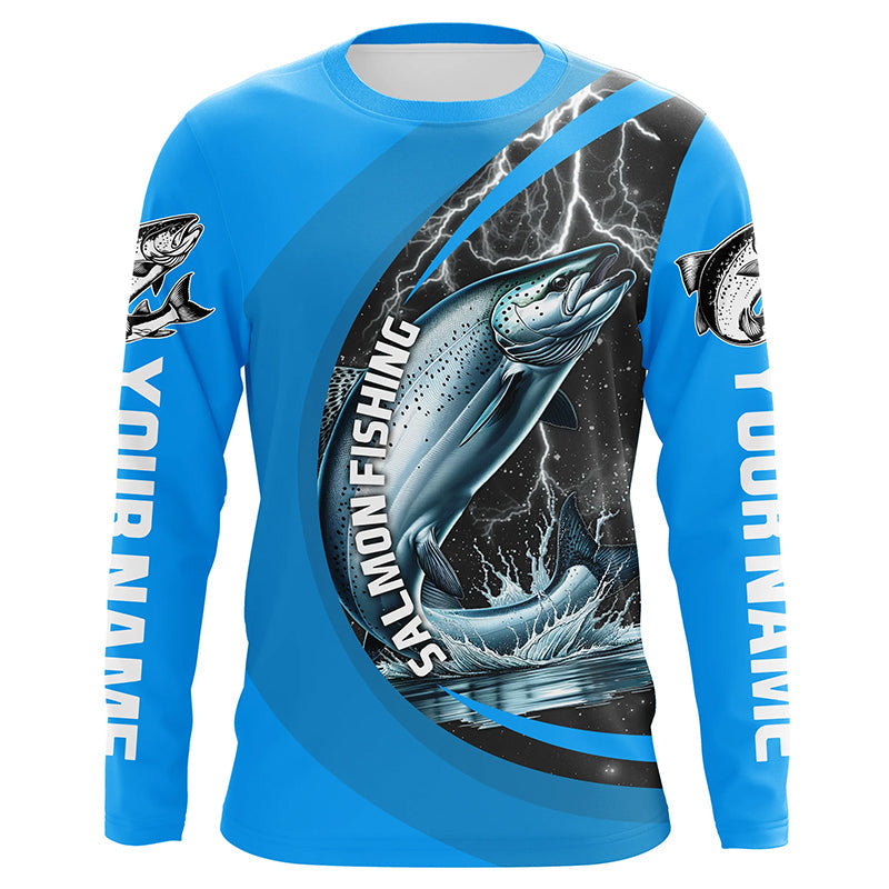 Custom Chinook Salmon Fishing Jerseys, King Salmon Fishing Long Sleeve Performance Shirt |Water Blue IPHW6423