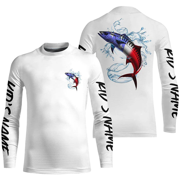 Custom American Flag King Mackerel Kid Long Sleeve Fishing Shirts, Patriotic Kingfish Fishing Jerseys IPHW6607