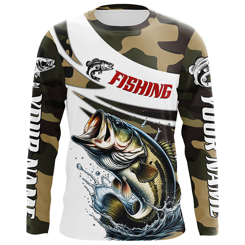 Custom Bass Long Sleeve Fishing Shirts, Personalized Bass Fishing Jerseys Camouflage IPHW6795