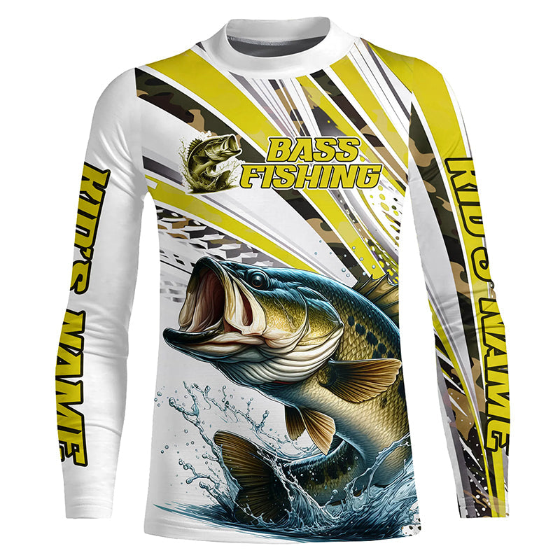 Personalized Largemouth Bass Fishing Jerseys, Custom Bass Long Sleeve Fishing Shirts Camo IPHW6797