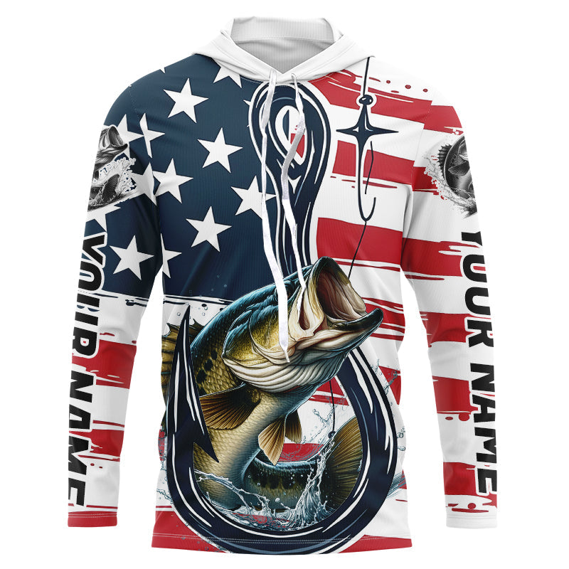 US Flag Fish Hook Custom Patriotic Largemouth Bass Long Sleeve Hooded Fishing Shirts IPHW7955