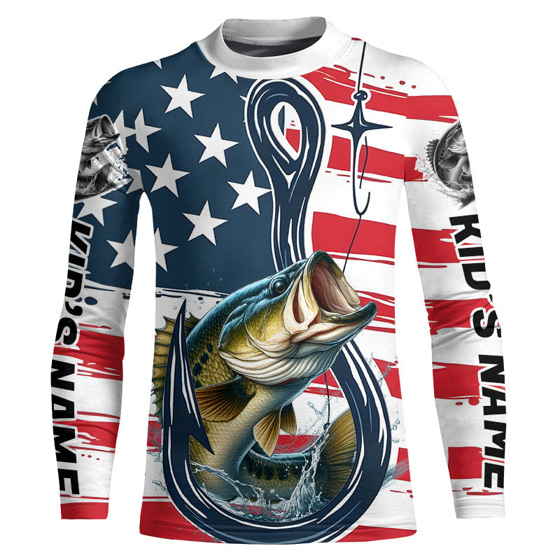 US Flag Fish Hook Custom Patriotic Largemouth Bass Kid Long Sleeve Fishing Shirts IPHW7955