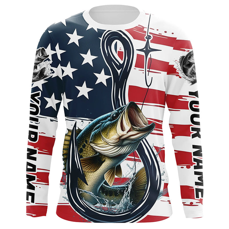 US Flag Fish Hook Custom Patriotic Largemouth Bass Long Sleeve Fishing Shirts, Bass Fishing Jerseys IPHW7955