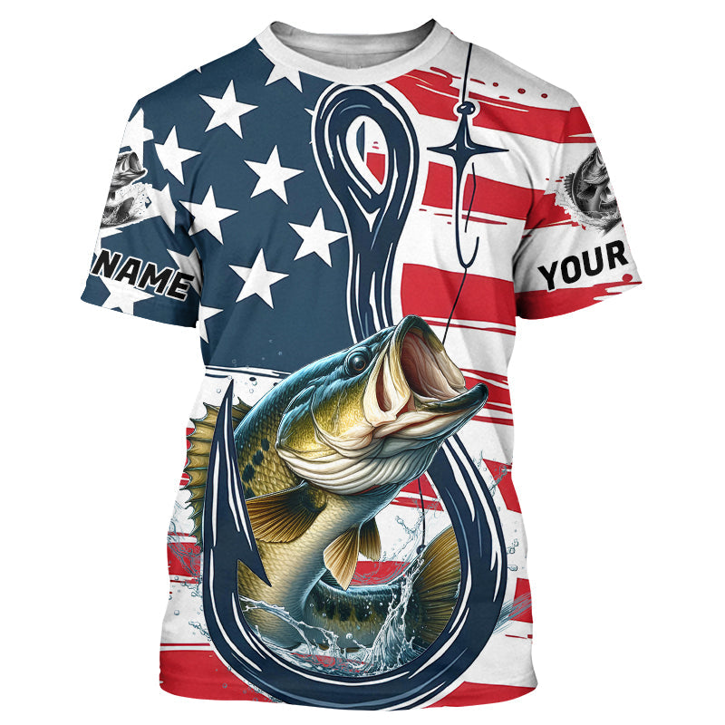 US Flag Fish Hook Custom Patriotic Largemouth Bass Fishing T-Shirts, Bass Fishing Jerseys IPHW7955