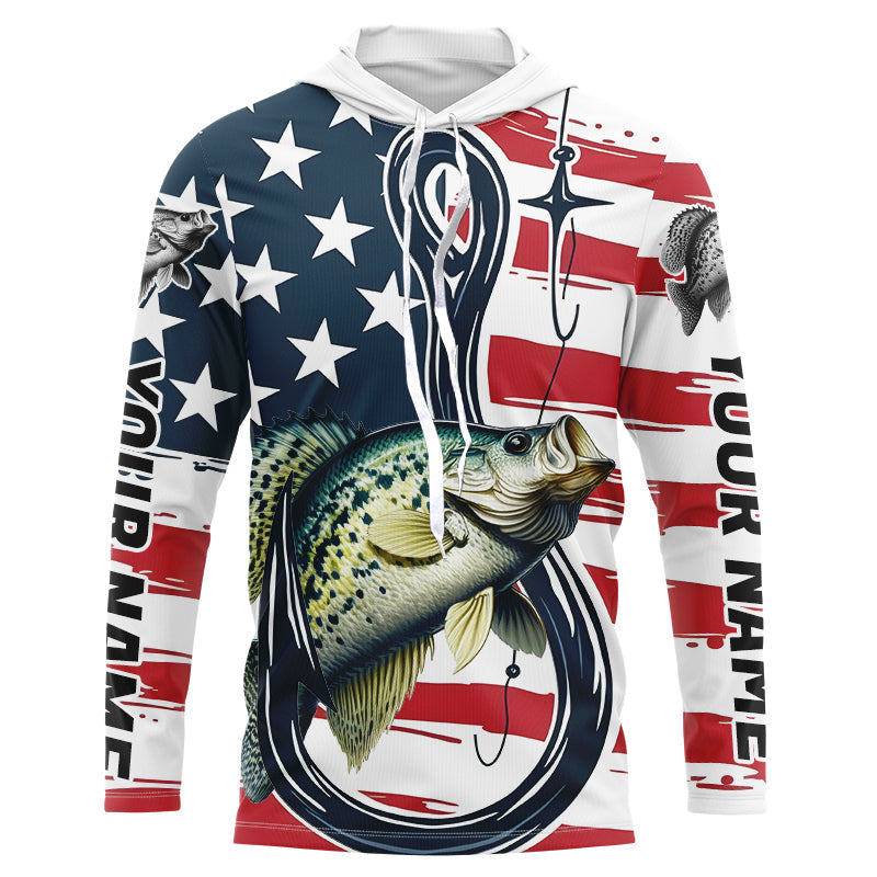 US Flag Fish Hook Custom Patriotic Crappie Long Sleeve Hooded Fishing Shirts IPHW7956