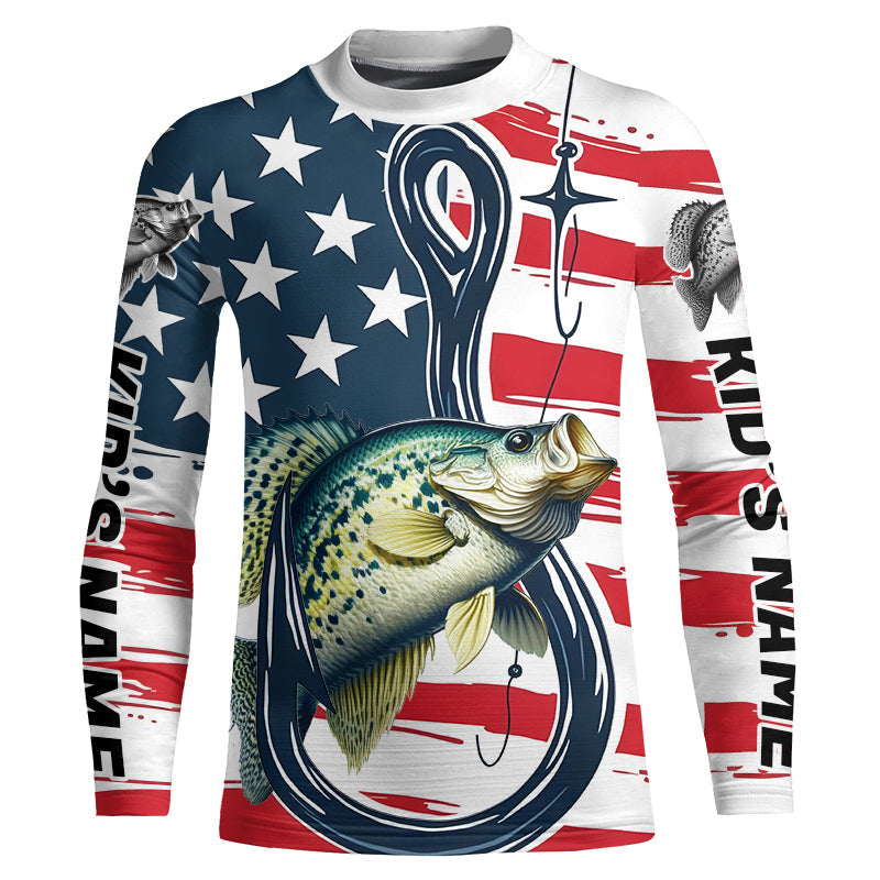 US Flag Fish Hook Custom Patriotic Crappie Kid Long Sleeve Fishing Shirts, Crappie Fishing Jerseys IPHW7956