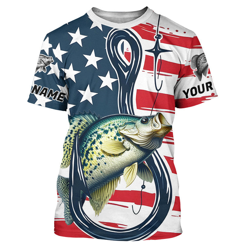 US Flag Fish Hook Custom Patriotic Crappie Fishing T-Shirts, Crappie Fishing Jerseys IPHW7956