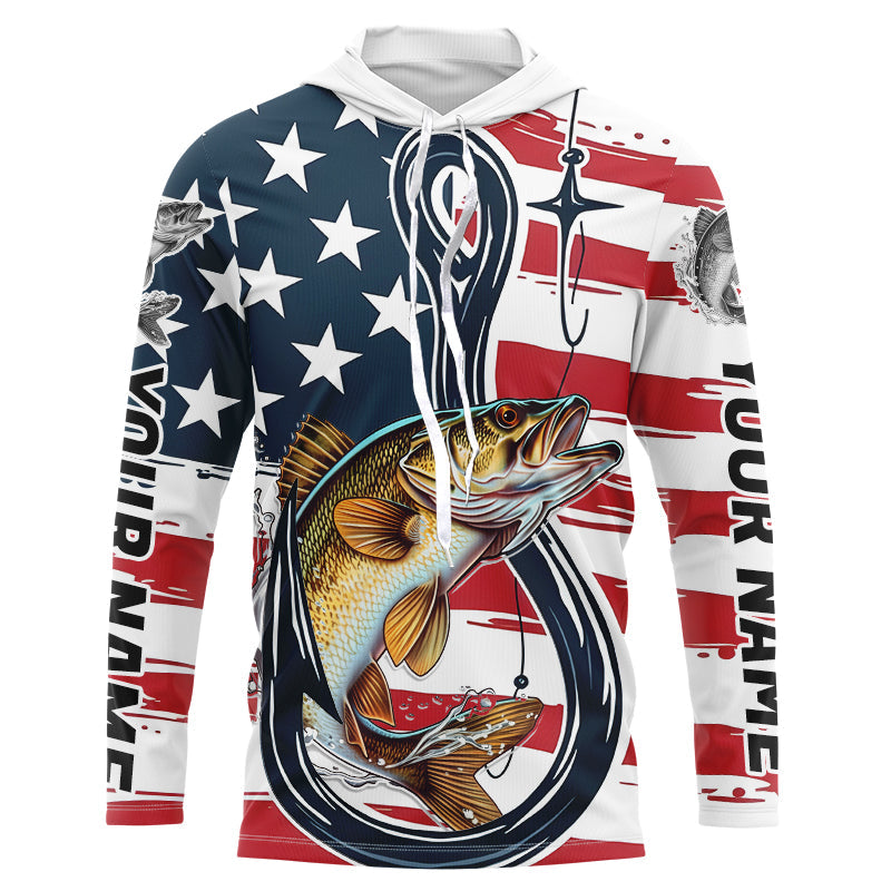 US Flag Fish Hook Custom Patriotic Walleye Long Sleeve Hooded Fishing Shirts IPHW7957