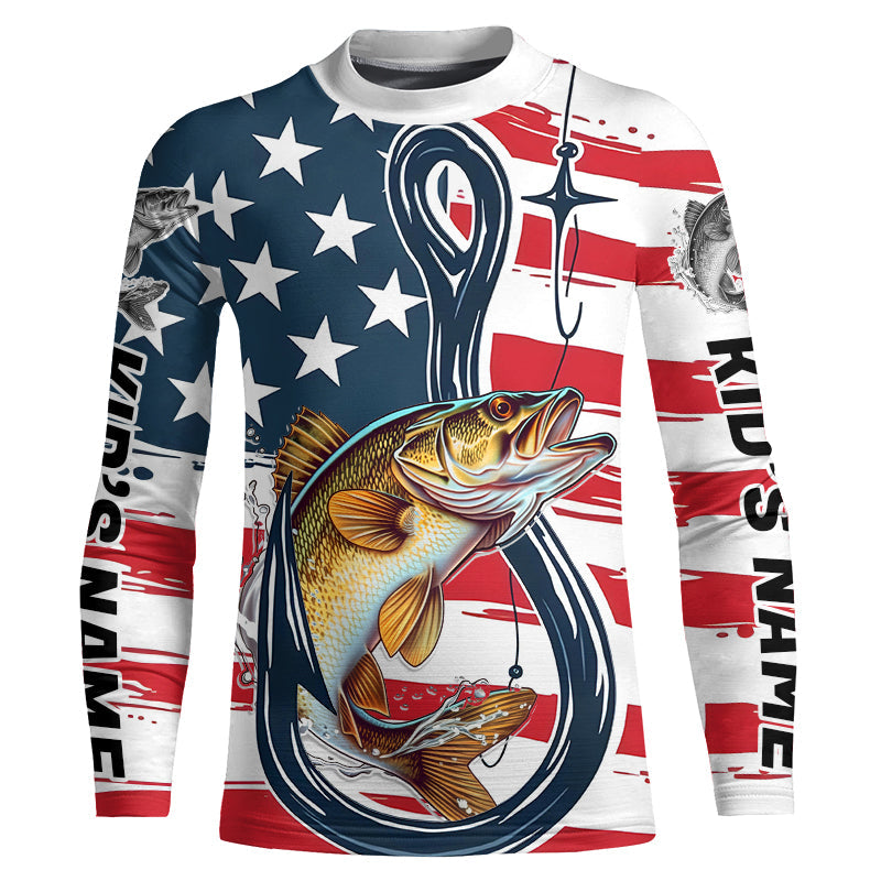 US Flag Fish Hook Custom Patriotic Walleye Kid Long Sleeve Fishing Shirts, Walleye Fishing Jerseys IPHW7957