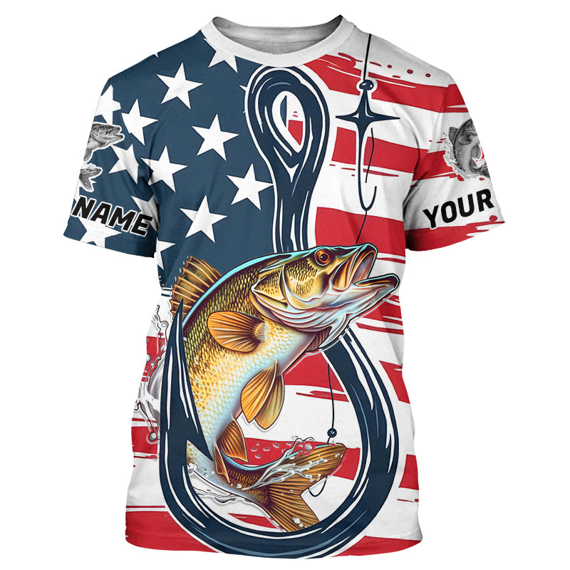 US Flag Fish Hook Custom Patriotic Walleye Fishing T-Shirts, Walleye Fishing Jerseys IPHW7957