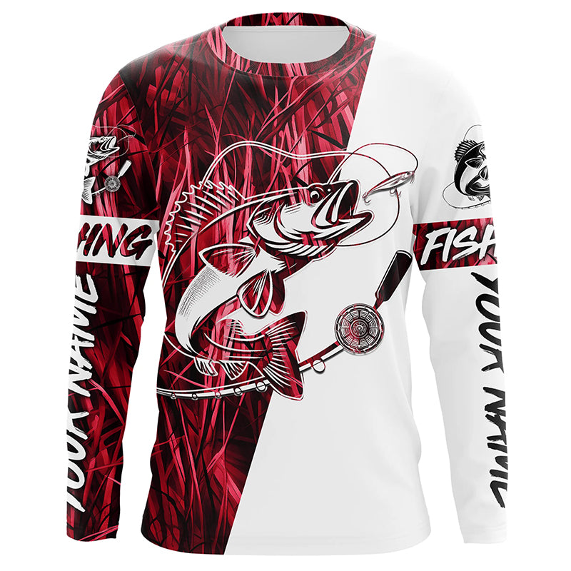 Walleye Fishing Red Camo Custom Long Sleeve Fishing Shirts, Walleye Tournament Fishing Jerseys IPHW6062