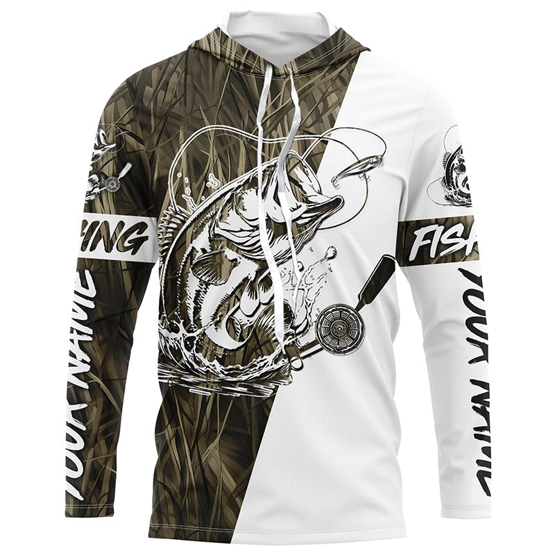 Custom Bass Fishing Tattoo Grass Camo Long Sleeve Tournament Fishing Shirts, Bass Fishing Jerseys IPHW6077