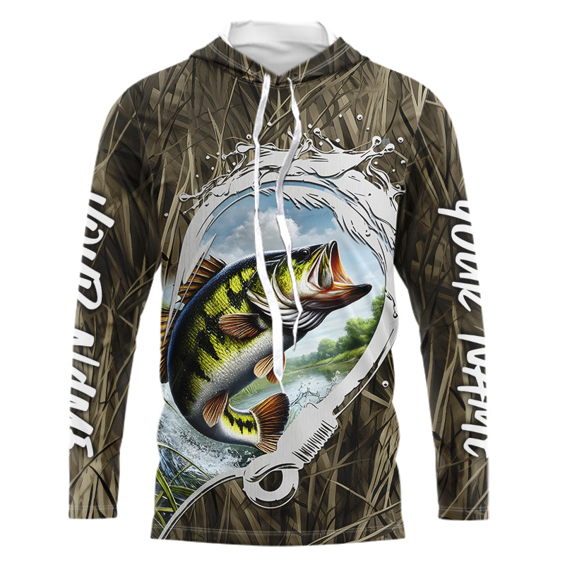 Custom Largemouth Bass Long Sleeve Hooded Tournament Fishing Shirts, Camo Fish Hook Bass Jerseys IPHW8150